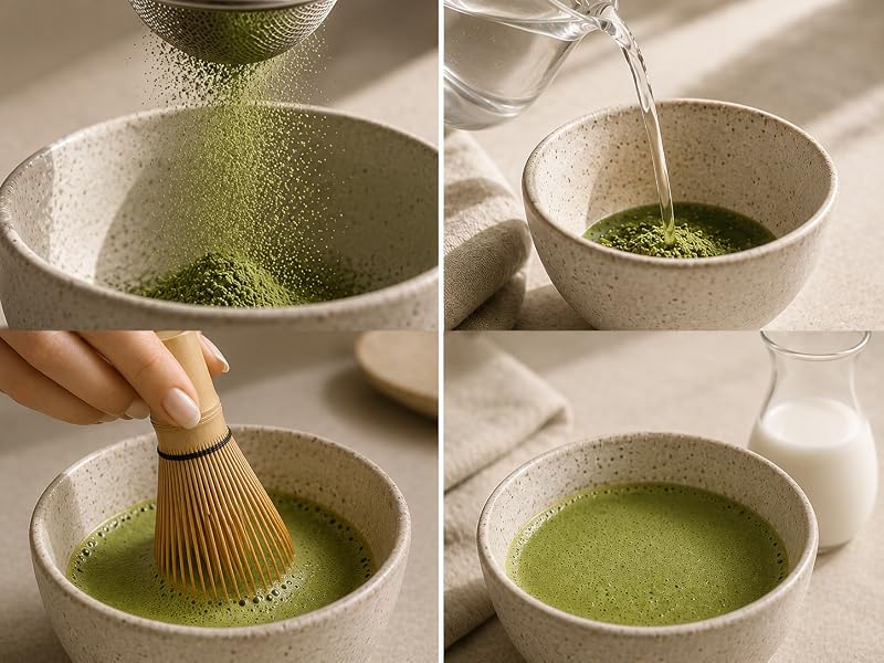 Four steps for preparing OSARI matcha: sift, add water, whisk and serve